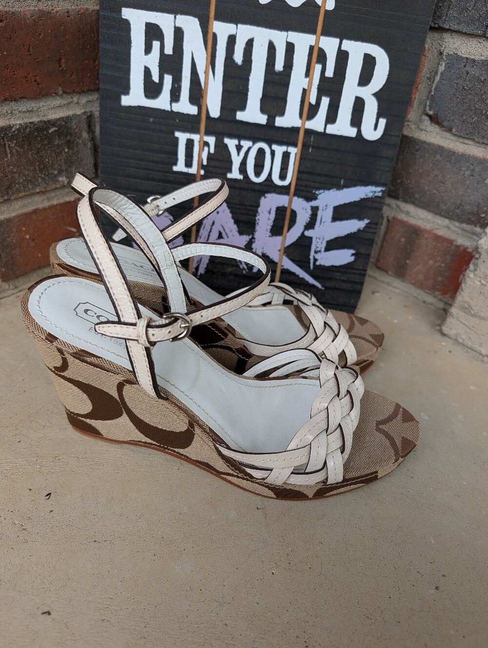 🍁 Vintage Y2K Coach Rose Genuine Leather Signature Canvas Braided Wedge Sandals - Picture 6 of 15